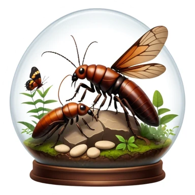 Close-up of giant Madagascar hissing cockroaches, butterflies, and stick insects inside a terrarium, with detailed textures of their bodies, wings, and legs. Soft lighting highlights their features. Transparent background. sticker
