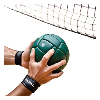 A close-up of a hand gripping a handball, with the handball gates visible in the background. The focus is on the texture of the ball and the strength of the grip, with the goal net slightly blurred to emphasize the anticipation of the throw. sticker