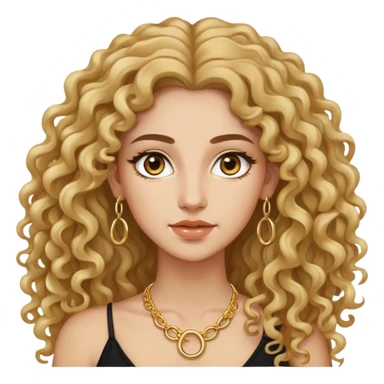 attractive Greek woman with long curly hair and light skin wearing gold hoop earrings and a small gold necklace sticker