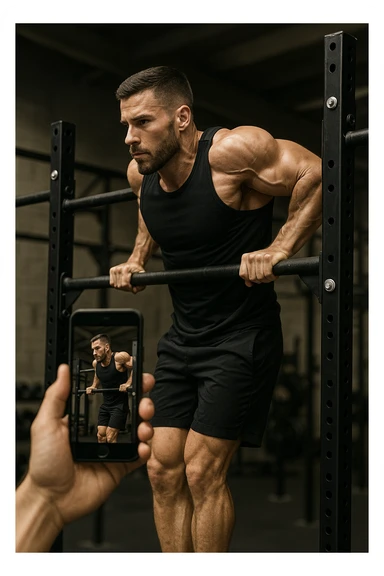 uomo che fa Muscle up e si sta filmando di lato con il telefonino che lo riprende mentre si allena, così da analizzarsi dopo sticker