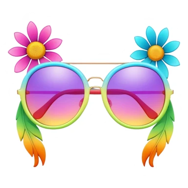 3D, psychedelic colored sunglasses with hippie style flowers sticker