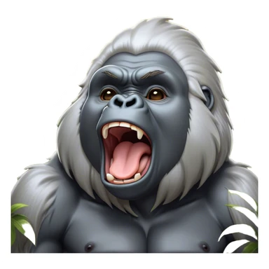 Cinematic Cute Yawning Silverback Gorilla Portrait Emoji, Head tilted slightly with a dramatic, wide-open yawn, showcasing a formidable build with a silvery mane and drowsy, half-closed eyes, Simplified yet irresistibly adorable features, highly detailed, glowing with a soft, cozy jungle glow, high shine, relaxed yet expressive, stylized with a dash of whimsical primate charm, soft glowing outline, capturing the essence of a drowsy yet affectionate guardian that appears ready to stretch out for a nap! sticker