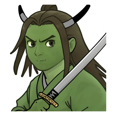 A boy with long hair that’s brown as a samurai with a katana sticker