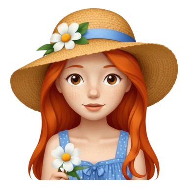 girl, freckles, wearing_summer_hat, white flower on hat, red orrange long hair, blue dress sticker