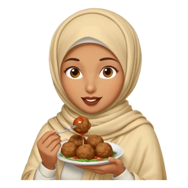 woman wearing a cream colored pashmina hijab eating meatballs sticker