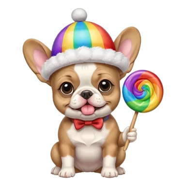 baby french bulldog wearing a propeller hat and holding a comically large rainbow lollipop  sticker