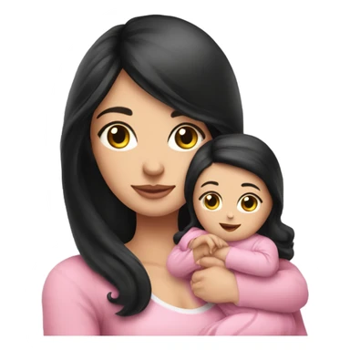 Beautiful Russian lady very long black hair pink clothes holding baby  sticker