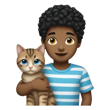boy with curly black hair with blue eyes holding a tabby cat sticker