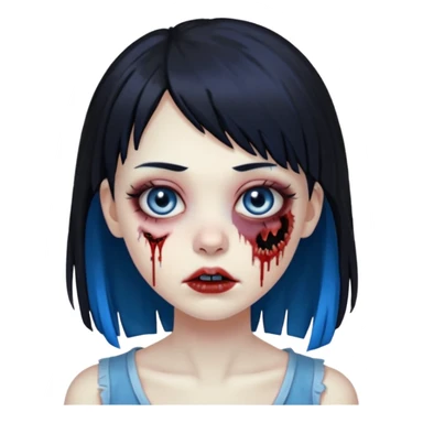 faça uma menina zumbi bonita com um cabelo liso, franja e que metade da franja seja azul e o a outra metade e resto do cabelo sejam pretos sticker