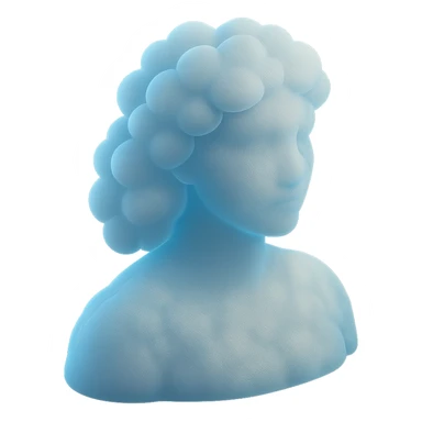person looking straight, made entirely of white fluffy convex clouds with a slight blue glow, shoulder length, matte glass style sticker