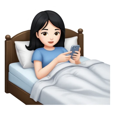 Girl with black hair, white, laying In bed using phone  sticker