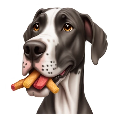 Great Dane spotted with reddish brown color holding a treat in mouth sticker