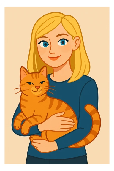 a blonde girl with blue eyes holding an orange tabby cat, modern illustration sticker
