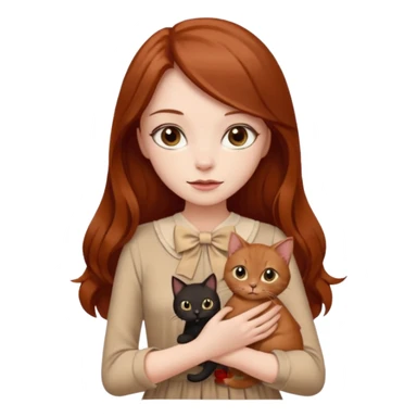 a beautiful girl with long red and brown hair, clear brown eyes, in a beige dress and with a beige bow holds two black cat in her hands sticker