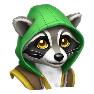 gray raccoon with yellow eyes and a green hood that smiles sticker