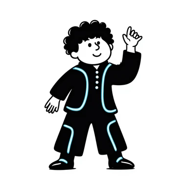 Cabbage Patch Kid in Tron suit with glowing blue lines, 80's retro sci-fi style sticker