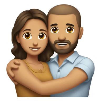 Brown-haired Puerto Rican woman with dark brown eyes wearing a cute blouse giving comforting hug to short, bald man with brown eyes, laugh lines, and a beard sticker