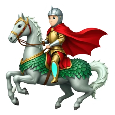 A knight in silver armor with a red cape, riding a white horse atop a green dragon. sticker