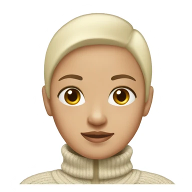 a bald girl wearing a white turtleneck sweater and a beige jacket out the sweater. She is bald sticker