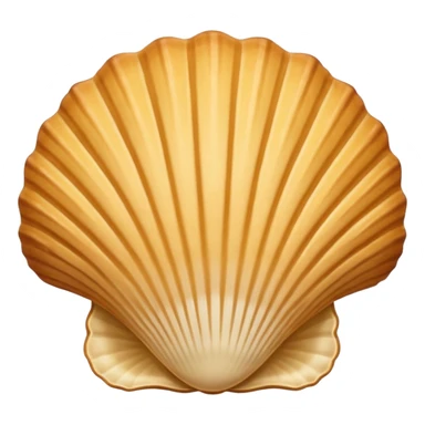 A madeleine pastry. Scalloped seashell shape with four to five vertical lines going in the same direction. Light golden brown. Scalloped edge. Cookie. Flat. Long. Oval shape sticker
