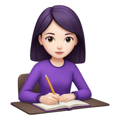 girl sitting, writing in a notebook, dark hair, dressed in purple clothes sticker