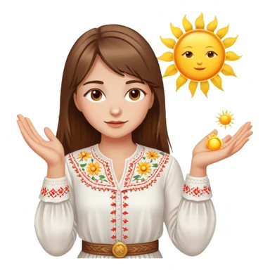 Young Ukrainian girl with brown hair wearing a white embroidered traditional shirt holding a bright sun in her hand sticker