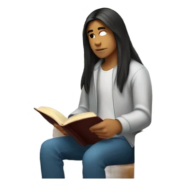 Male Peruvian teen with long straight hair reading a book in a library sticker