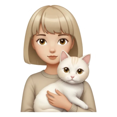 tan girl with short hair with bangs holding white cat  sticker