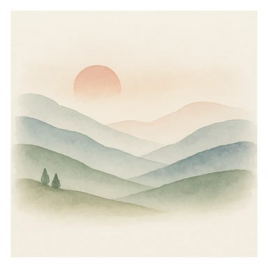 a peaceful valley at sunset, watercolor art style sticker