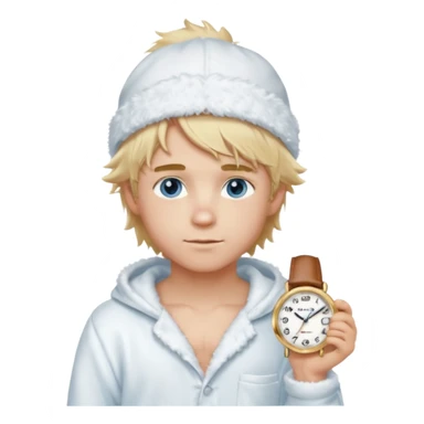 Create a look for a blond boy with long, tousled hair, light eyes, a white sweater, a wealthy appearance, blue eyes, and accessories like a Rolex or Cartier watch, and a cute face with messy hair down. blue eyes + + pajama white fluffy + cap fluffy + blush sticker