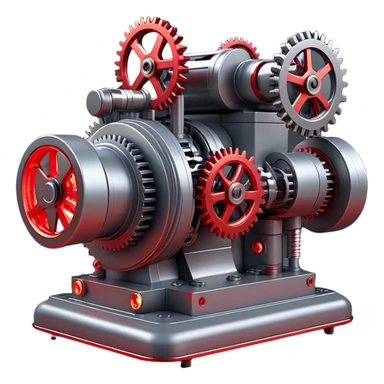 Hyper-realistic 3D render of a compact power generator with:
- Intricate mechanical gears system
- Main large gear in metallic gray
- Smaller interconnected gears in motion
- Red glowing energy flowing through transparent tubes
- Industrial-tech aesthetic
- Metallic gray base with red accent lights
- Sharp details and mechanical precision
- Subtle steam or energy particles in red
--ar 1:1
--style raw
--v 5.2
--no text
--q 2
--c 20 sticker