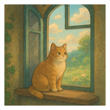 cat sitting on a windowsill in ghibli style, detailed, soft colors, whimsical atmosphere sticker