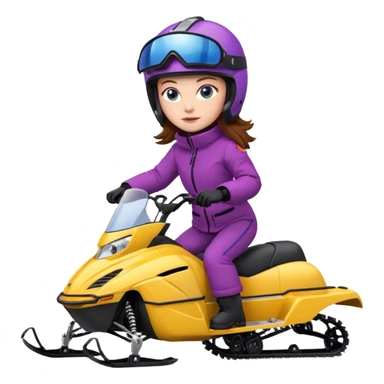 Brown hair, blue eyes, Woman wearing red coat  on purple and yellow snowmobile sticker