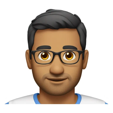 A head and shoulders shot of a 36 year old South Asian man, with short black hair, with stubble facial hair,  wearing glasses with brown eyes wearing a t-shirt. sticker