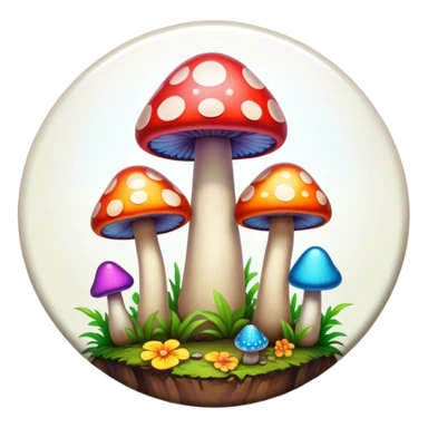 A round psychedelic colored button with beveled edges and colorful hippie style mushrooms sticker