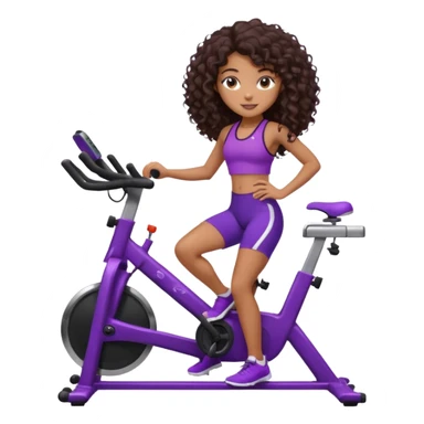 African American girl with long dark brown curly hair, purple workout set leaning on a indoor spin bike with NO HELMET,  sticker