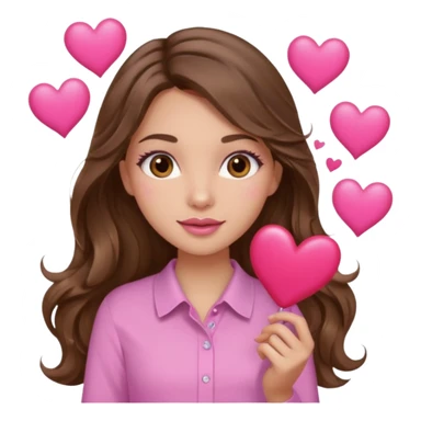 girl with long wavy brown hair, brown eyes, light to medium complexion, in a pink shirt, pink lips, long lashes, many  hearts in hand sticker