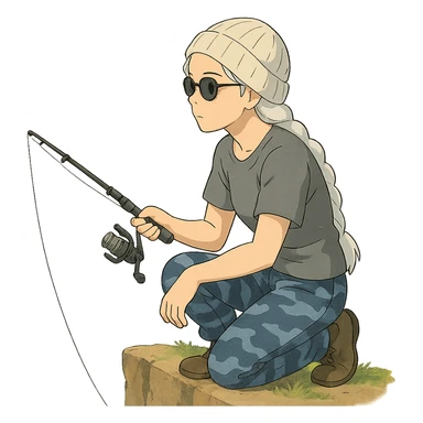 1 female, long white braid, knit cap, dark sunglasses, GRAY T-SHIRT, blue camo pants, KNEELING AND FISHING WITH A TRAVEL FISHING POLE OVER THE LEDGE sticker