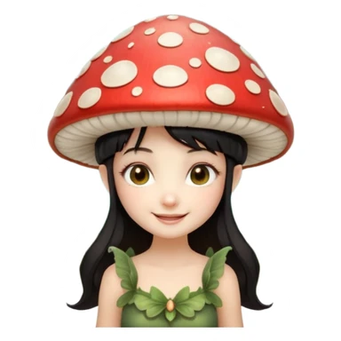 mushroom fairy portrait, head and shoulders only, wearing a large mushroom cap hat, tiny glowing wings visible behind shoulders, cute magical smile, forest fantasy vibe, 3D cartoon, mobile game icon style, clean background, no text, no watermark.balck hair sticker