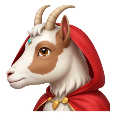 side view of white female goat wearing a read cape like superman sticker