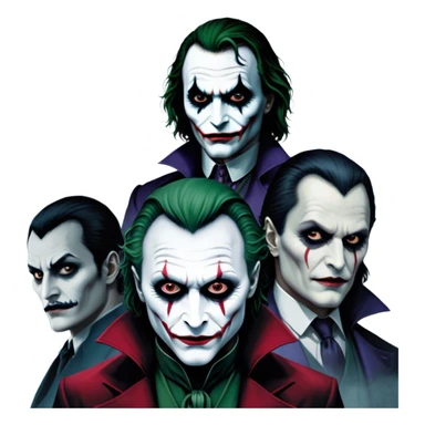 Thriller Movie Icon: A dark, intense collage with close-up images of iconic thriller characters like 1 Joker, 1 Hannibal Lecter, and 1 Vlad Dracula. The background features a moody Gotham City skyline, with shadowy figures and fog. Atmospheric, suspenseful tone. Transparent background. sticker