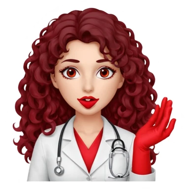 Lilith scalpel in hand, evil surgeon sexy surgeon clothes.  She has red eyes. She has dark brown long curly hair. Wears sexy doctor outfit with red gloves. Covers mouth neck and nose with red litham only covering under her nose to hide her identity sticker