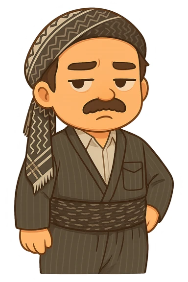Cartoon sticker of a Kurdish man wearing the same traditional Kurdish clothes and shawl as the reference image, with no changes to the clothes or shawl. The face should have a bored and frowning expression similar to the 😒 emoji. The style should be colorful and cheerful, suitable for WhatsApp and Instagram, with no text and a transparent background. sticker