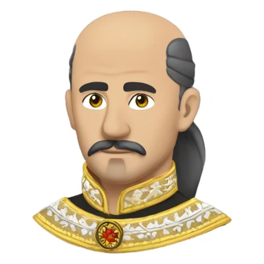 a Cossack warrior, The Cossack has a shaved head and a long strand of hair on one side. He has a thick, curved mustache and wears a gold earring in his left ear. He is wearing a simple Ukrainian embroidered shirt sticker