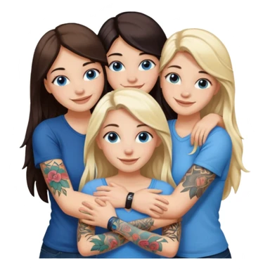 four white girlfriends hugging and smiling    2 women with brown eyes and long dark  hair. Two women with blue eyes and light blonde hair. They like tattoos and getting in trouble  sticker