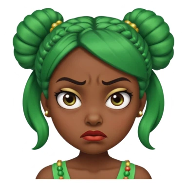Create a 3D cartoon-style girl character with dark skin, round face, angry expression, big wide eyes, and tightly styled double buns made of green beaded hair. The girl should look irritated, eyebrows sharply angled, and lips pressed in a frown. sticker