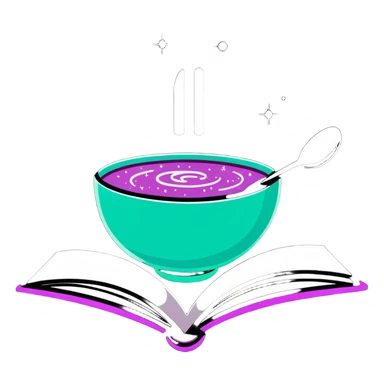 Mystical cookbook with glowing fork and spoon symbol on its cover, radiating magical light and surrounded by floating sparkles sticker