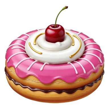Round donut with smooth shade pink icing and thin white drizzle lines, golden-brown dough visible on the sides.
White whipped cream dollop in the center topped with a glossy red cherry and stem, clean studio lighting, pure white background, realistic minimal emoji-style. sticker