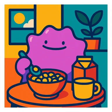 Ditto desayunando, ilustración colorida y simpática sticker