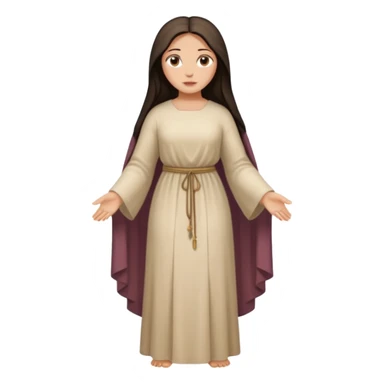 fullbody Mary Magdalene, voluptuous and strong, very pretty detailed face, plain light tan biblical dress, arms down, no hood, dark hair sticker